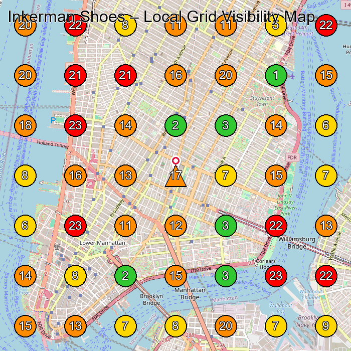 Inkerman Shoes Shoe Store GeoGrid ranking map for New York NY